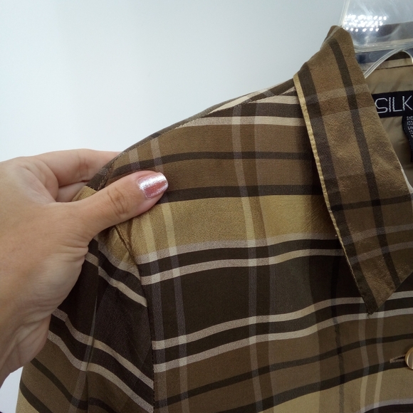 Vintage 100% Silk SilkLand Brown Tan Lightweight Jacket 10 Shoulder Pads 80's - Picture 6 of 10